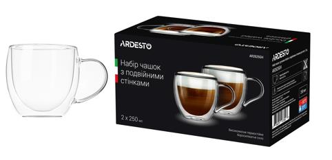  7 - Чашка для кави Ardesto Набор чашек с ручками с двойными стенками для латте 250 мл х 2 шт. (AR2625GH)
