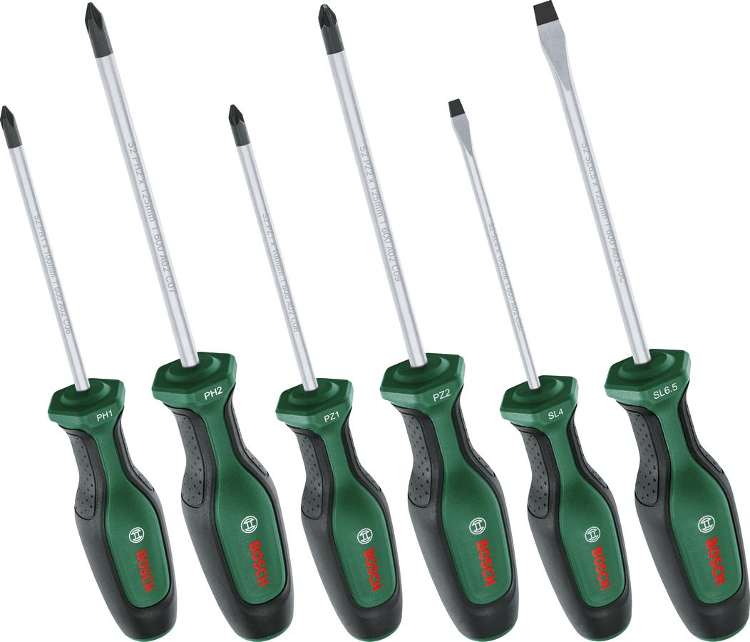  2 - Викрутка Bosch набір 6шт, SL 4, 6.5 мм, PH1х100 мм, PH2х125 мм, PZ1х100 мм, PZ2х125 мм 1.600.A02.BX7