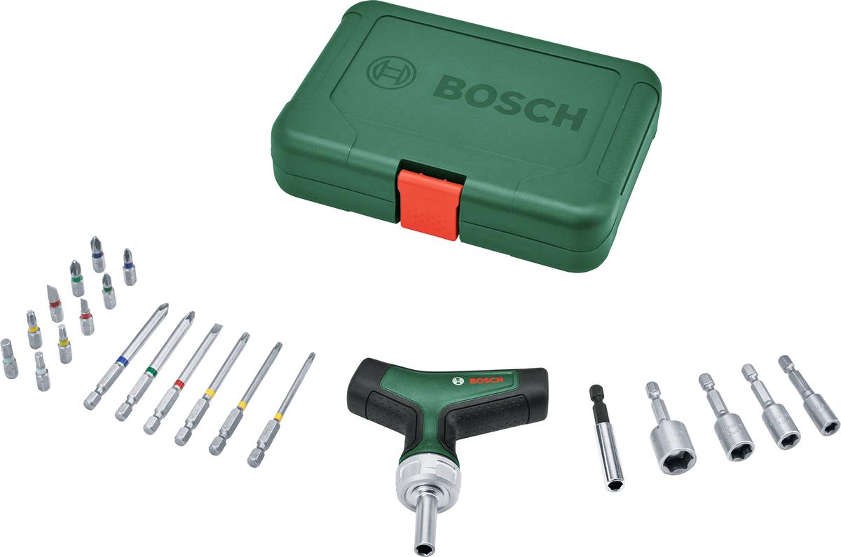  2 - Викрутка Bosch з тріскачкою, Т-подібне руків'я, 20 насадок, 109мм, кейс, сталь CrV 1.600.A02.Z9T