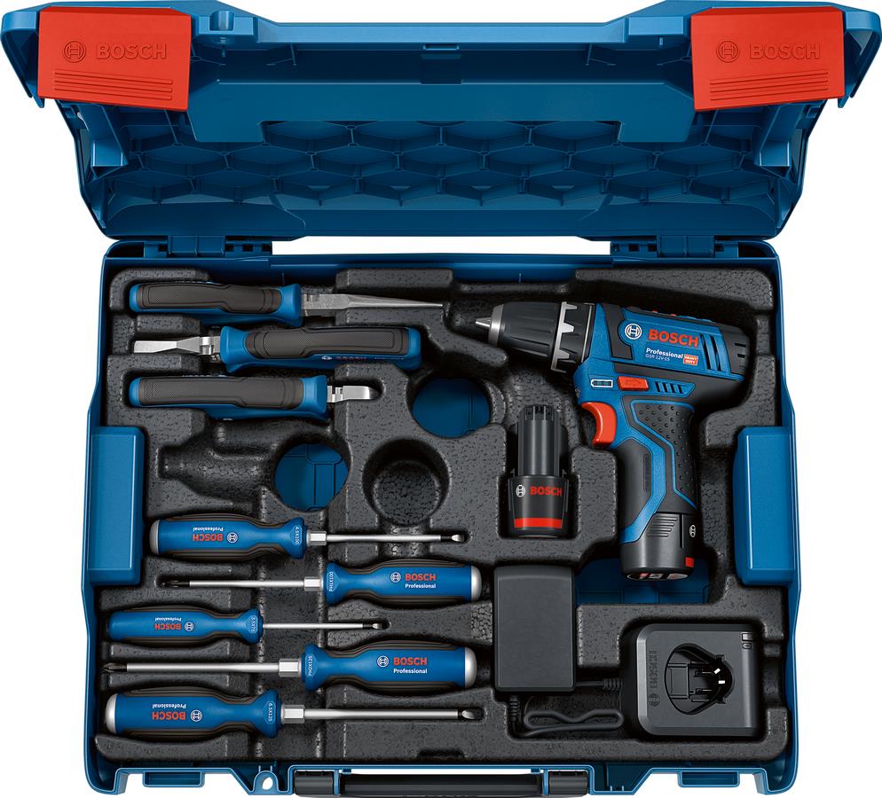  1 - Шурупокрут-дриль акумуляторний Bosch GSB 12В 2х2А·год 30Нм 400·1300об·хв 0.89кг GAL 12V-20 + набір ручного інструменту 0.601.868.10R