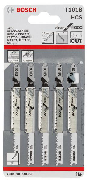  3 - Полотно пиляльне для електролобзика Bosch по дереву T101B, HCS лобзикова, 5шт 2.608.630.030