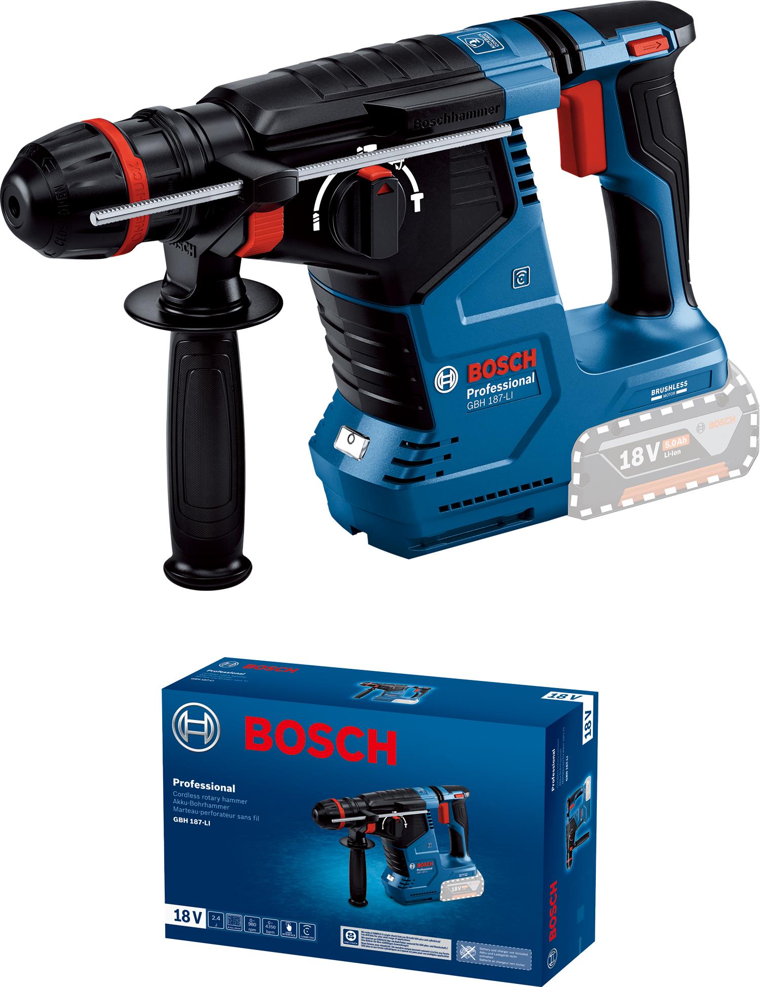  2 - Перфоратор акумуляторний Bosch GBH 187-LI SDS-plus 18В 2.4Дж 3кг без АКБ та ЗП 0.611.923.120