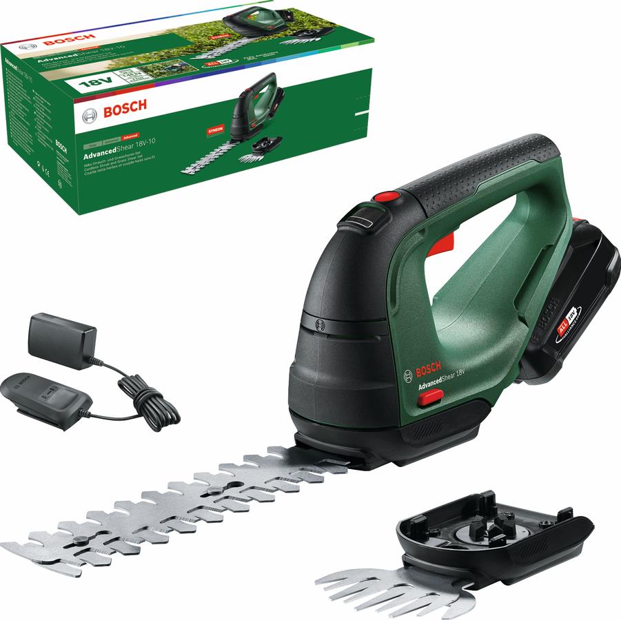  3 - Ножиці для трави акумуляторні Bosch AdvancedShear 18V-10  + насадка кущоріз 10/20см крок різу 8мм 1xPBA 2.0Ah 2.45кг 0.600.857.000