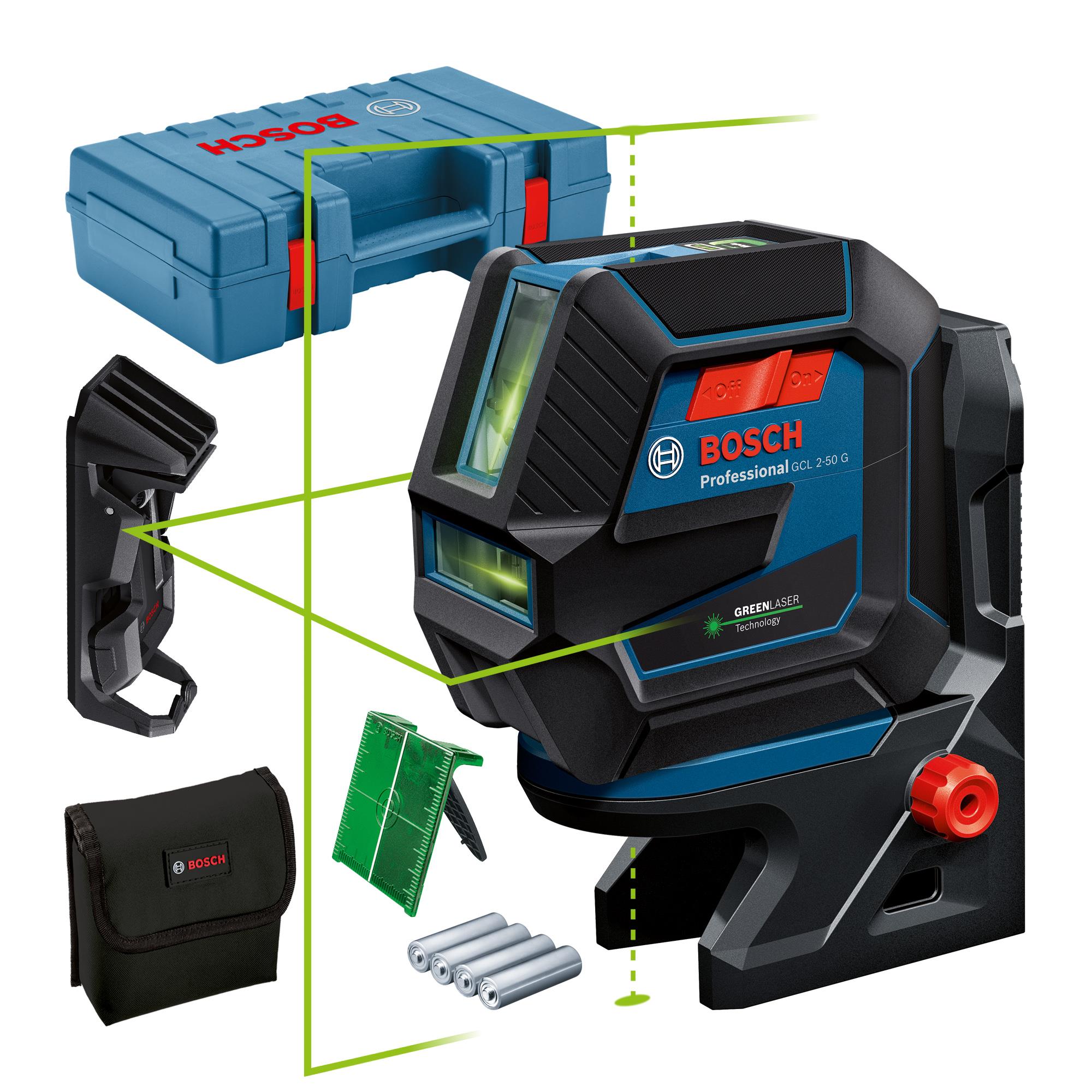  4 - Нівелір лазерний Bosch GCL 2-50 G, до 15м, ±0.3мм/м, в чемодані з тримачем RM 10, затиском DK 10, чохлом, мішенню, 0.58кг 0.601.066.M02