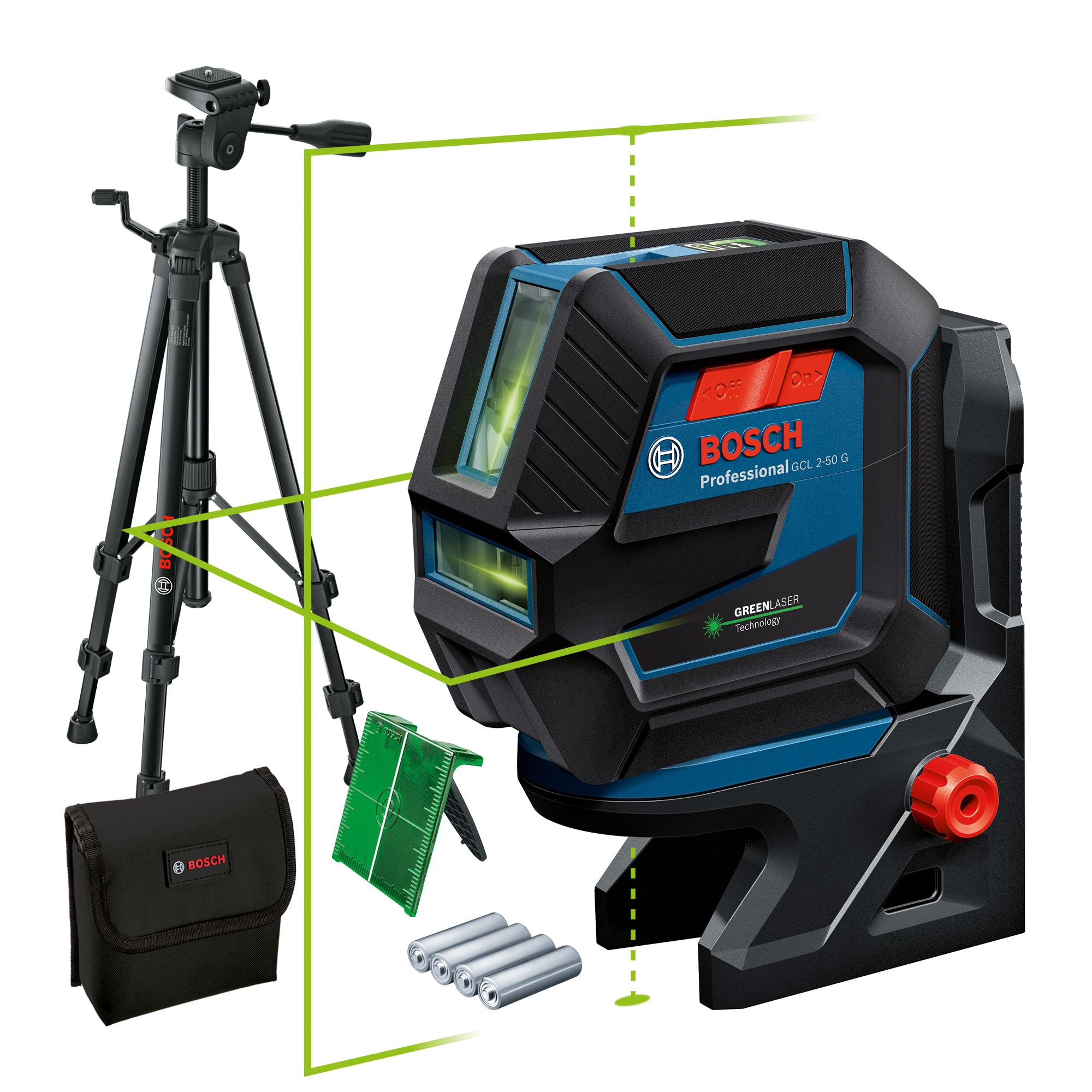  1 - Нівелір лазерний Bosch GCL 2-50 G, до 15м, ±0.3мм/м, з штативом BT 150, тримачем RM 10, чохлом, мішенню, 0.58кг 0.601.066.M01